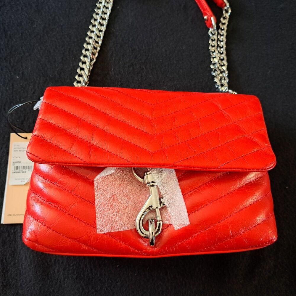 Rebecca Minkoff Crossbody Bag Red Chevron Quilted Leather Silver Chain Hardware - Picture 2 of 14